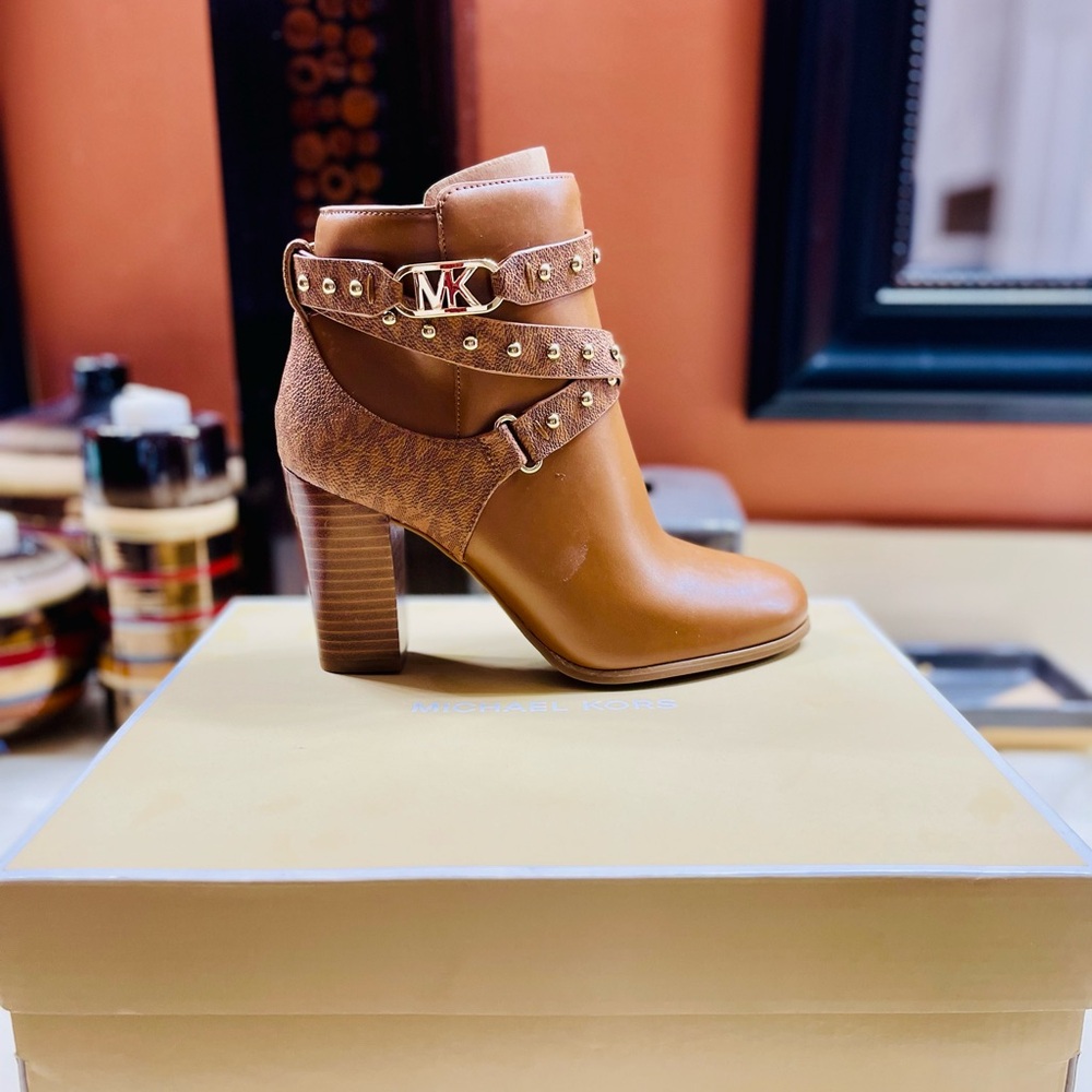 Michael Kors Brown Heeled Boots with Gold Accents